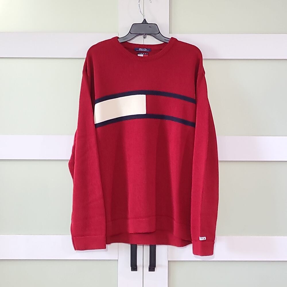 VTG Y2k Red Tommy Jeans Japan color block crewneck sweater 100% cotton XL